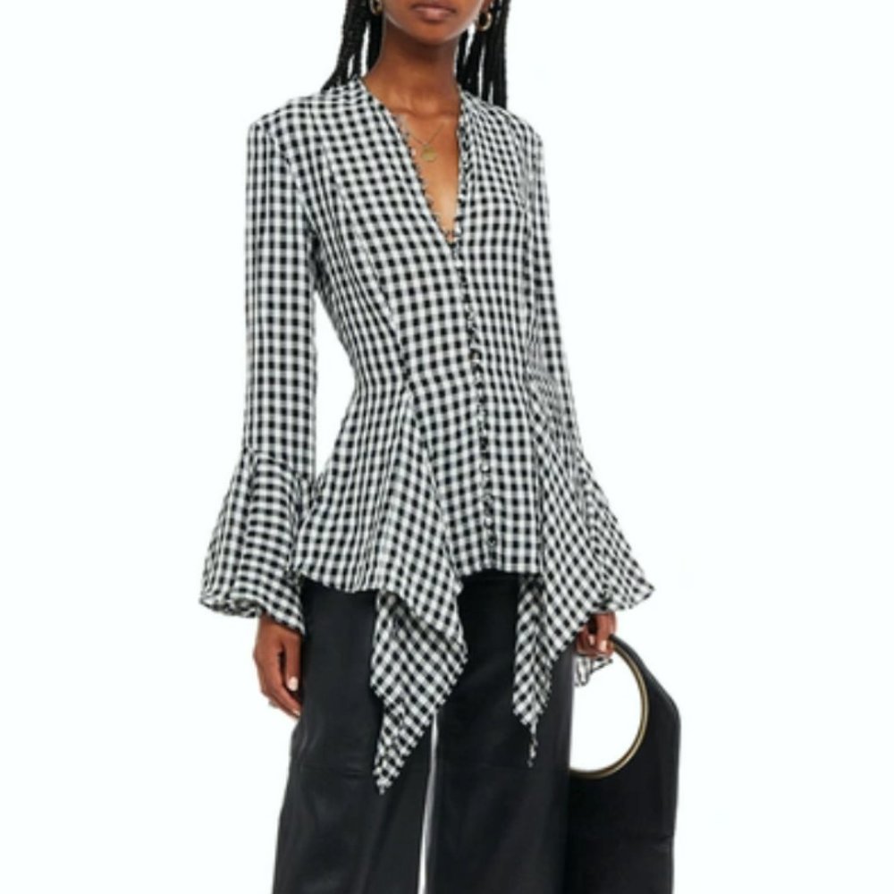 Khaite Elliot Asymmetric Ruffled Gingham Crepe Shirt In Black and White